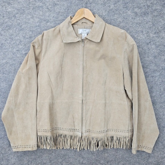 Lisa international Jackets & Blazers - Lisa International Women Tan Suede Fringe Jacket Size L Leather Western Boho Zip